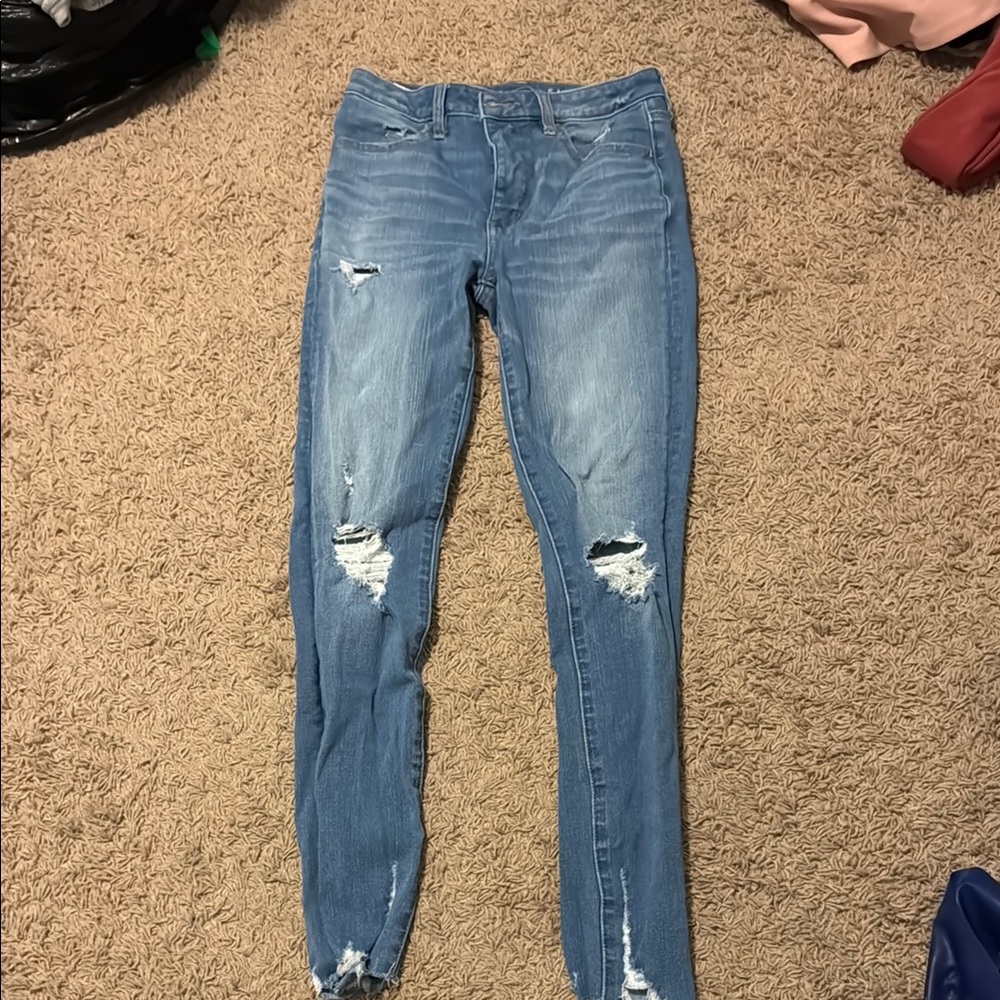American Eagle Outfitters Blue Skinny Jeans with Distressed Details